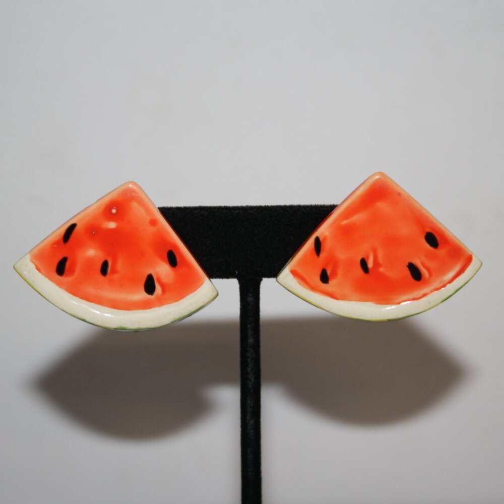 Beautiful vintage ceramic watermelon post earrings 1.5" wide